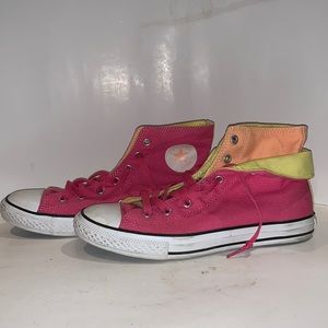 CONVERSE Two-fold Pink Yellow Peach Colored Hi-Top Tennis Shoes Sz 5.5